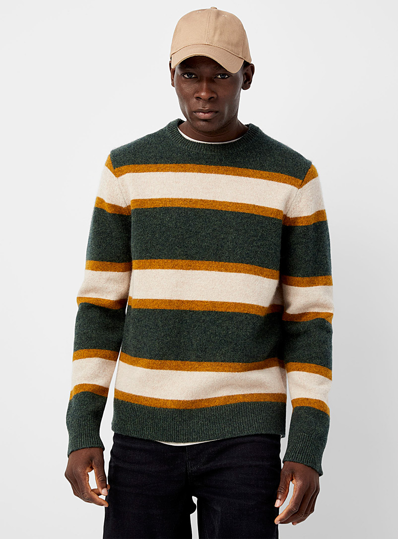 Le 31 Patterned Green Tricolour stripe sweater Shetland wool for men