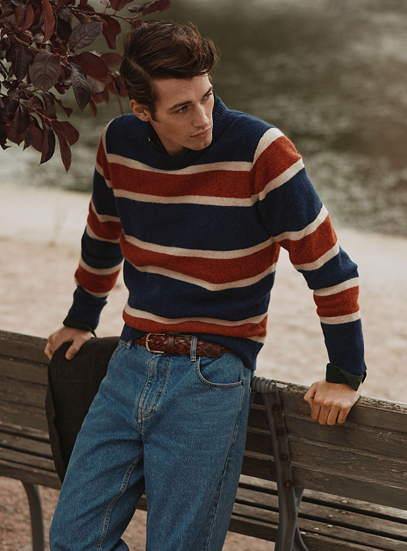 Le 31 Patterned Blue Tricolour stripe sweater Shetland wool for men