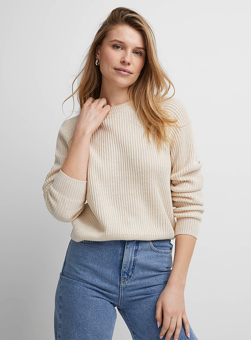 Icône Ivory White Ribbed raglan sweater for women