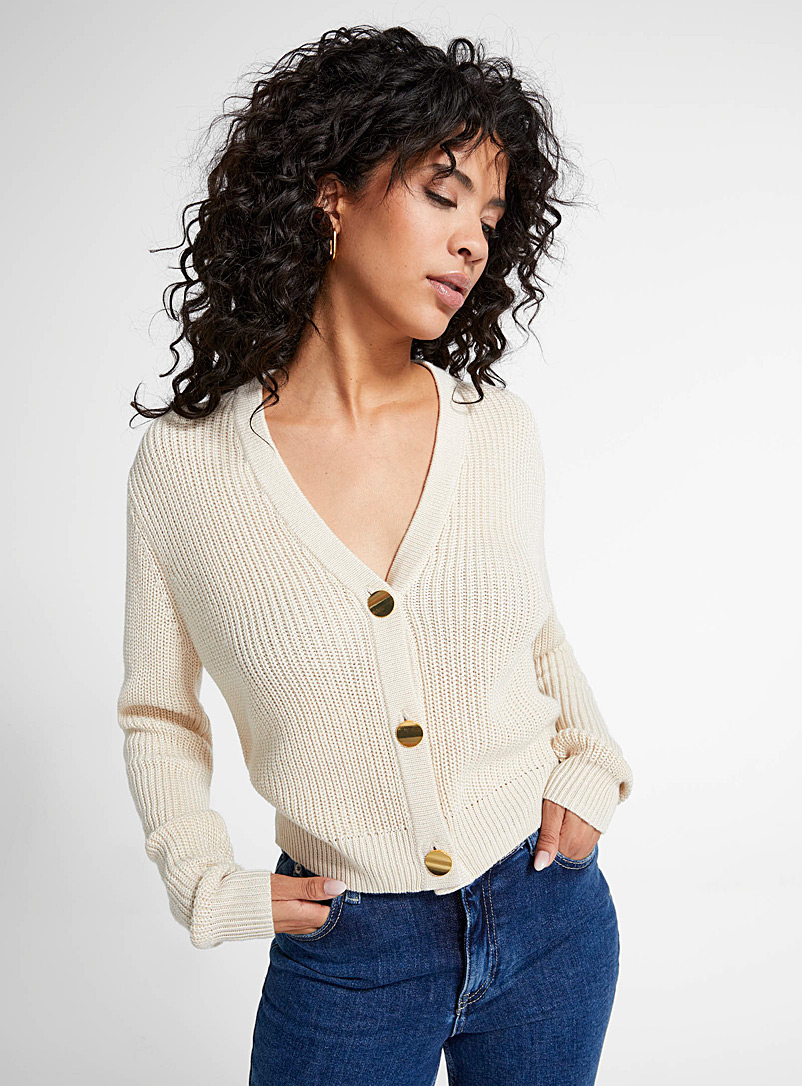 Icône Beige  Golden buttons ribbed cardigan for women