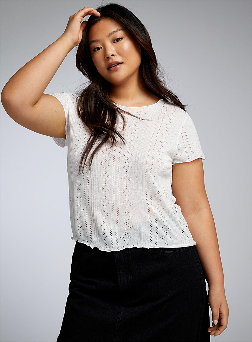 Twik: Le t-shirt tricot pointelle à frisons Blanc cassé pour femme