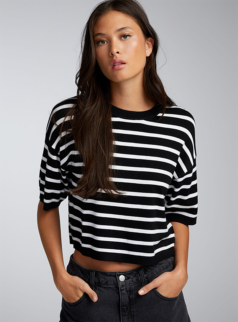 Twik Black and White Crew-neck loose sweater for women