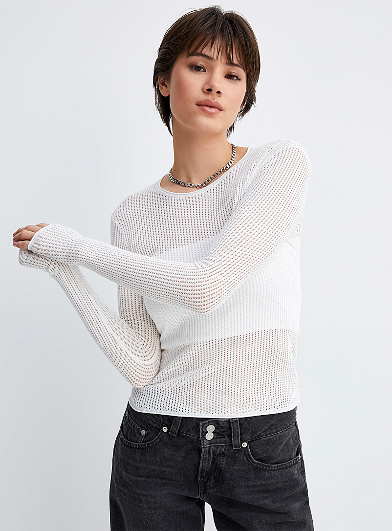 Twik White Rolled edging openwork knit sweater for women