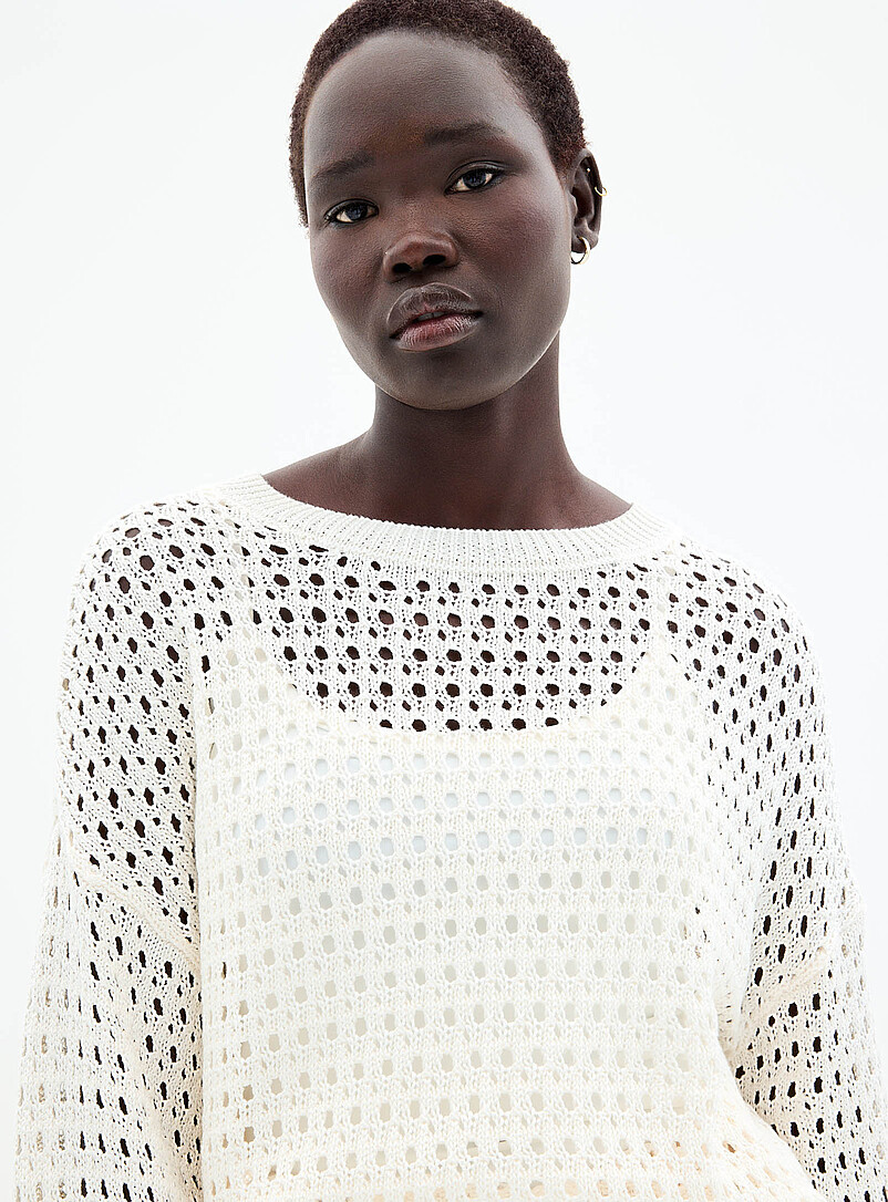Contemporaine Off White Metallic-accent openwork sweater for women