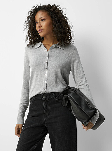 Contemporaine Grey Flowy polo-collar cardigan for women