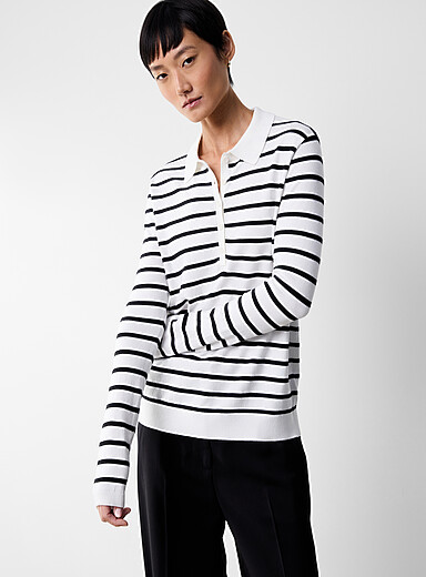 Contemporaine Patterned White Striped stretch polo sweater for women