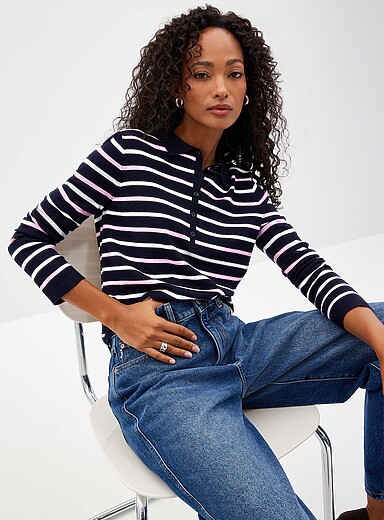 Contemporaine Patterned Blue Striped stretch polo sweater for women