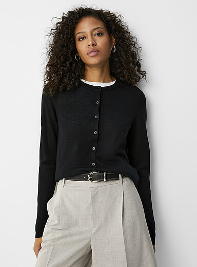 Contemporaine: Le cardigan col rond laine m&eacute;rinos responsable Noir pour femme