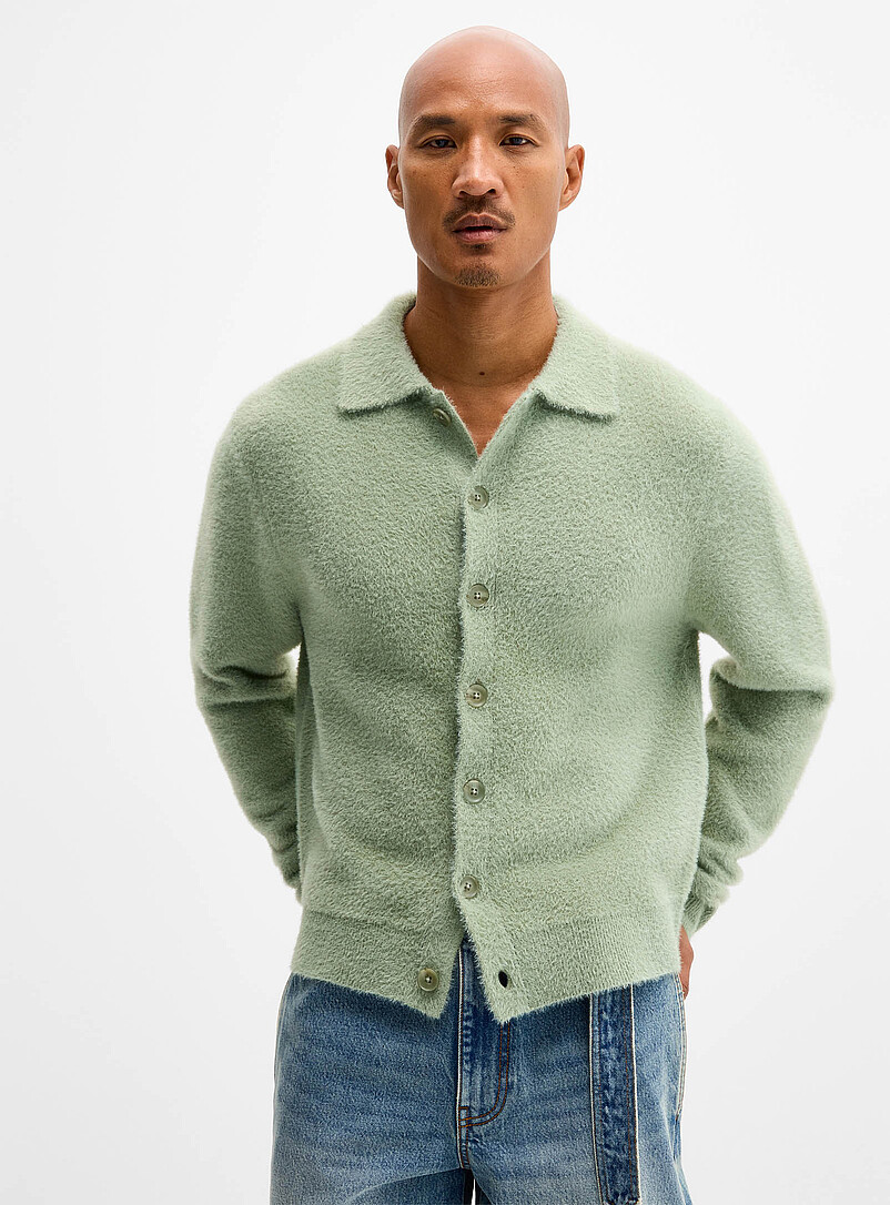 Fuzzy knit polo-collar cardigan | Le 31 | Shop Men's Shawl Collar