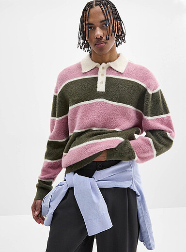 Djab: Le polo rugby tricot poilu Vert et rose pour homme