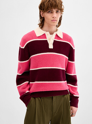 Djab: Le polo rugby tricot poilu Rouge &agrave; motifs pour homme