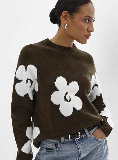 Contemporaine Mossy Green Floral brushed jacquard sweater for women
