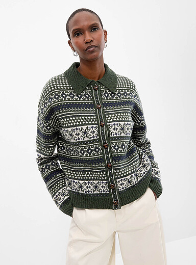 Contemporaine: Le cardigan boutons accent pure laine Vert &agrave; motifs pour femme