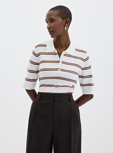 Contemporaine: Le polo rayures abondantes Ivoire - Beige cr&egrave;me pour femme