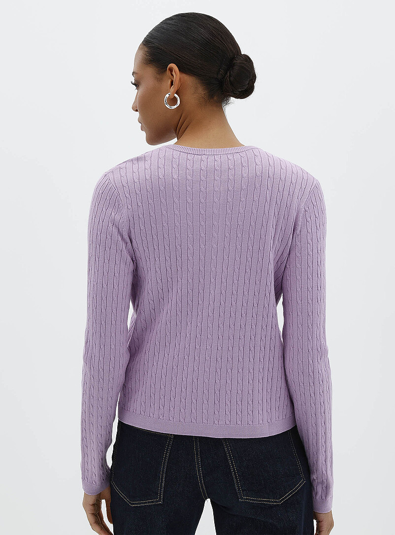 Contemporaine: La cardigan tricot fluide c&acirc;bles torsad&eacute;s Lilas pour femme