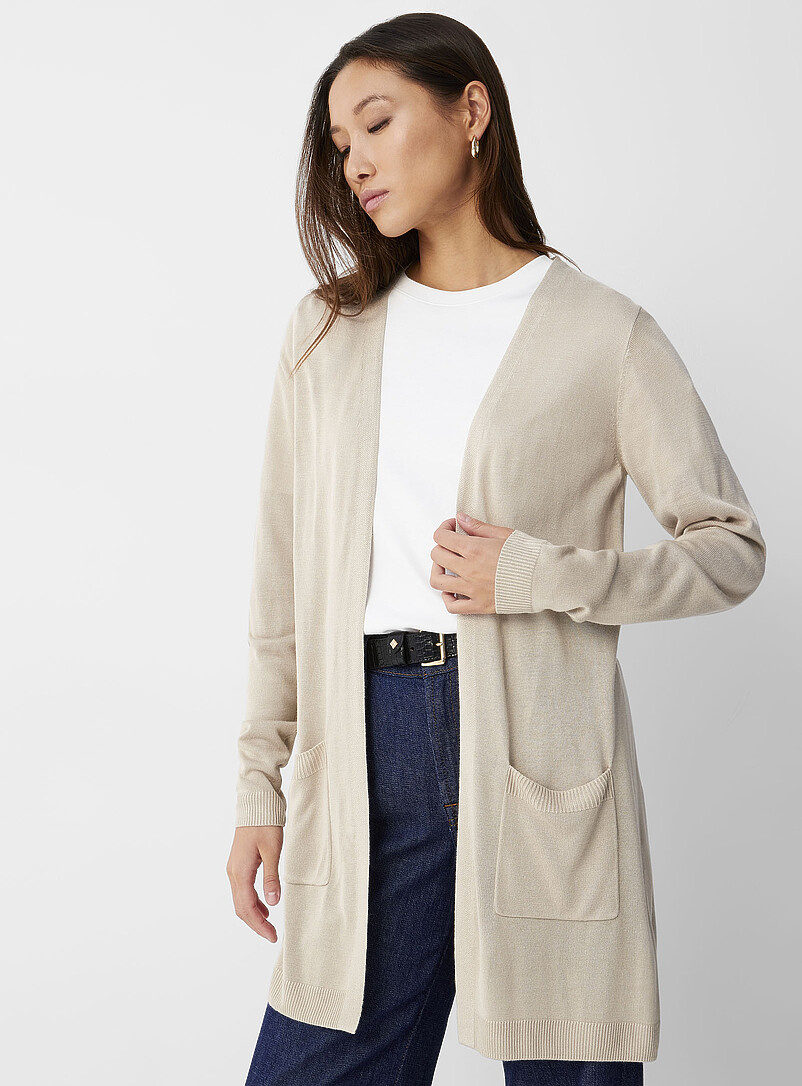 Contemporaine: Le long cardigan ouvert tricot ultrafin Bleu marine - Bleu nuit pour femme