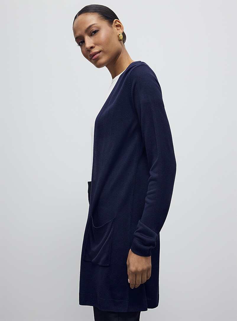 Contemporaine: Le long cardigan ouvert tricot ultrafin Bleu marine - Bleu nuit pour femme
