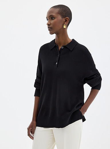 Contemporaine Black Solid loose polo sweater for women