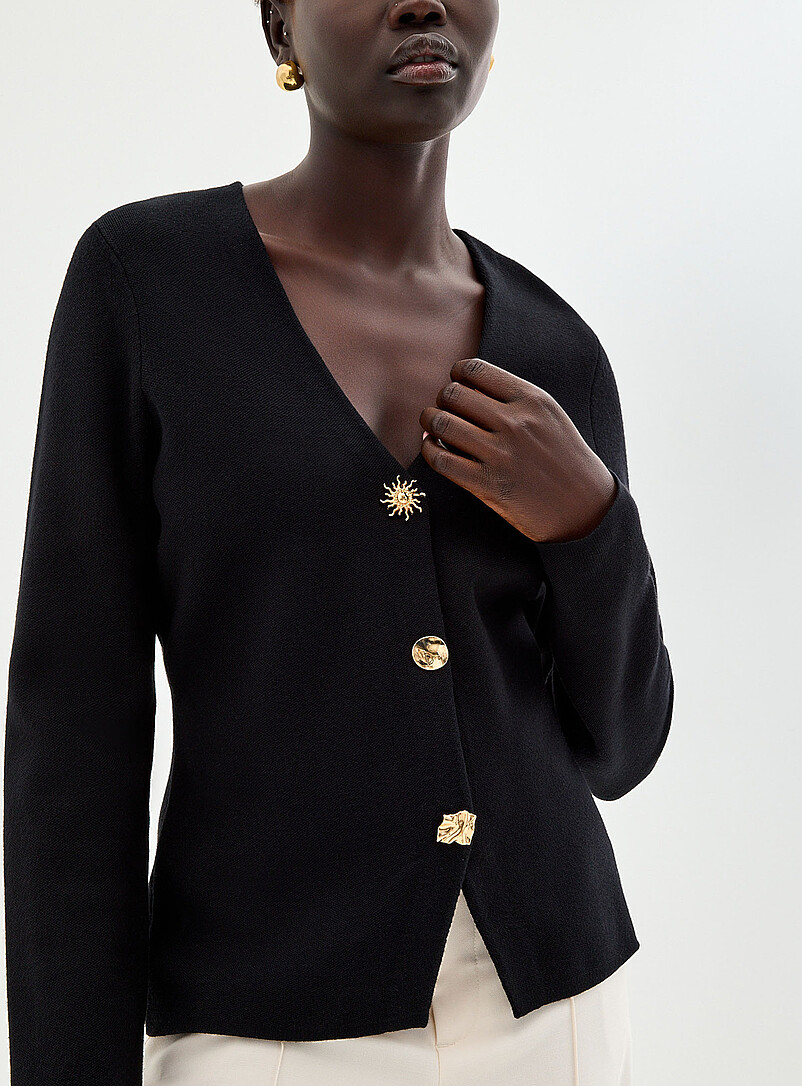 Contemporaine: Le cardigan cintr&eacute; boutons dor&eacute;s &eacute;clectiques Noir pour femme