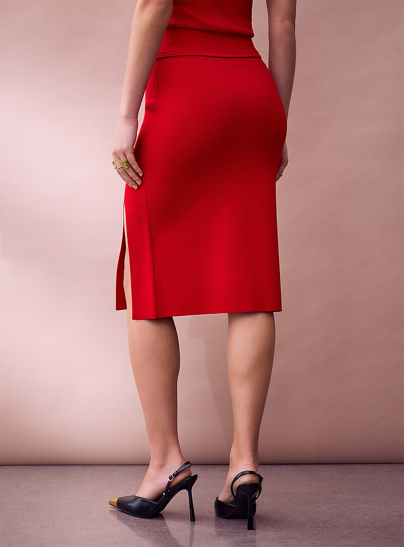 Ic&ocirc;ne: La jupe crayon fente d&eacute;cal&eacute;e tricot dense Rouge pour femme