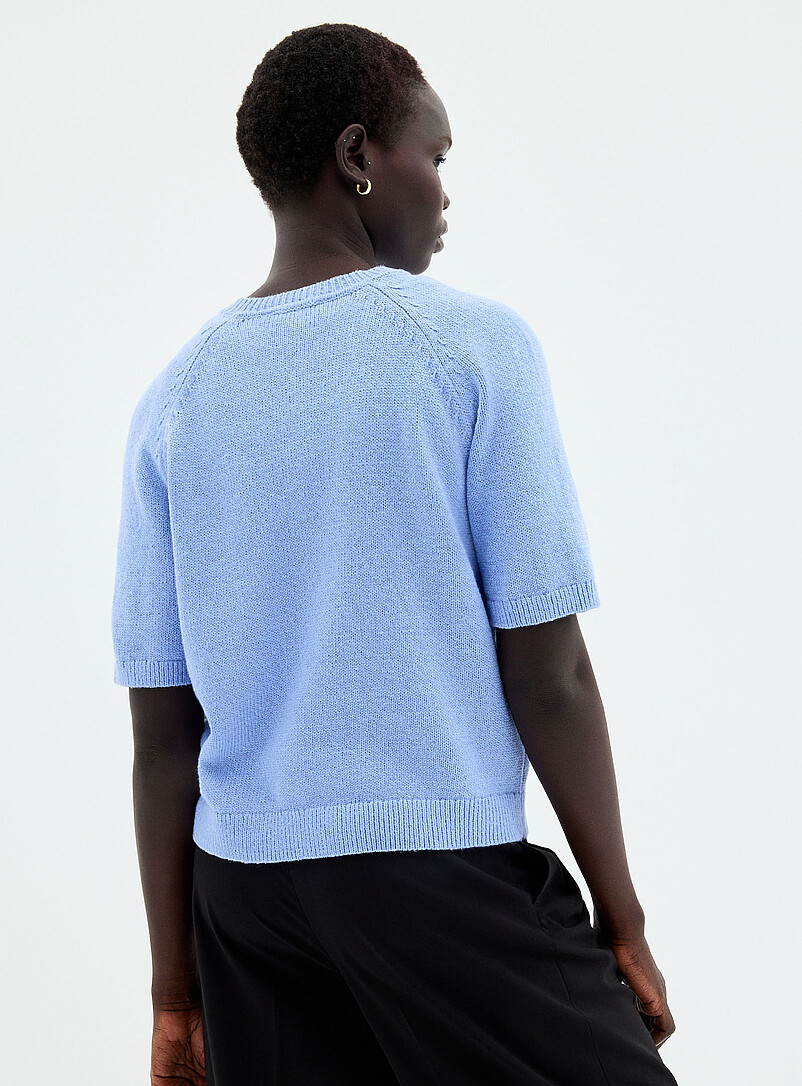 Contemporaine: Le cardigan c&ocirc;tes perl&eacute;es manches courtes raglan Blanc cass&eacute; pour femme