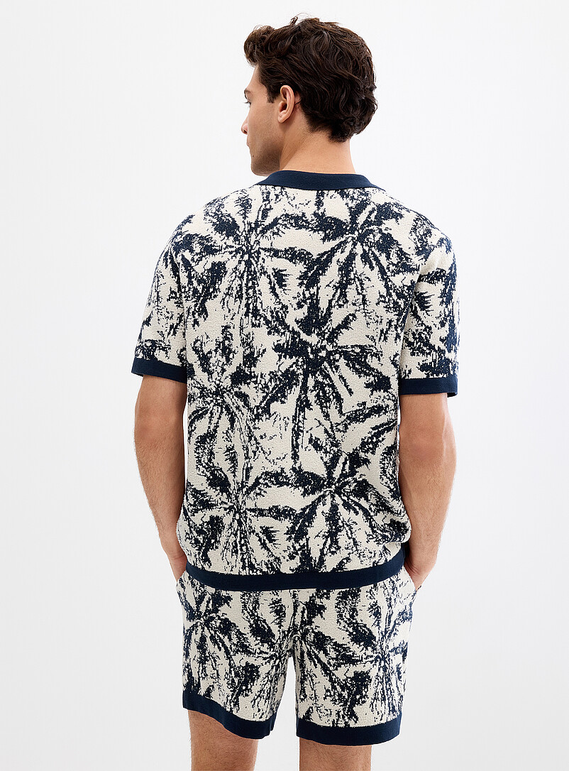 Le 31 Patterned Blue Abstract jacquard knit polo-collar cardigan for men