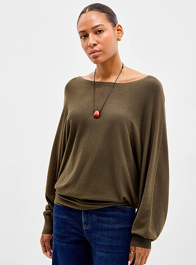 Batwing-sleeve fine-knit sweater