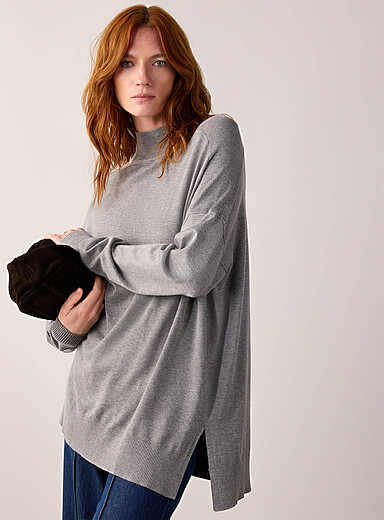Mock neck solid tunic sweater