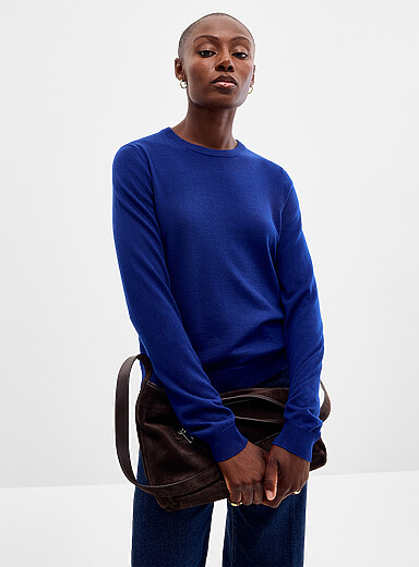 Contemporaine: Le chandail col rond manches longues laine m&eacute;rinos Bleu royal - Saphir pour femme