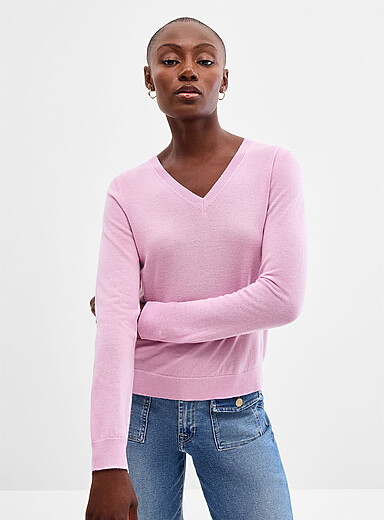 Contemporaine: Le chandail col V manches longues laine m&eacute;rinos Vieux rose pour femme