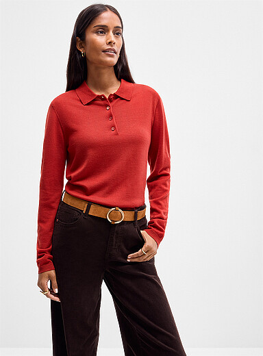 Contemporaine: Le polo uni pure laine m&eacute;rinos Cuivre - Rouille pour femme