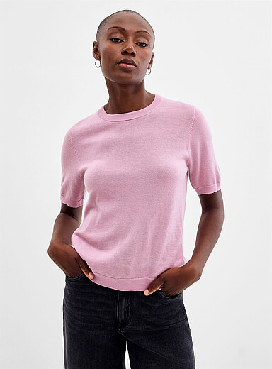 Contemporaine Dusky Pink Short-sleeve crew-neck merino wool sweater for women