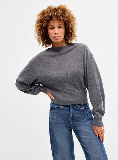 Contemporaine: Le chandail &agrave; manches bouffantes fin tricot pure laine m&eacute;rinos Gris pour femme