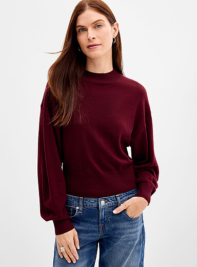 Puff-sleeve fine-knit 100% merino wool sweater