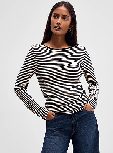 Contemporaine Patterned Black Striped pure merino wool boat-neck sweater for women