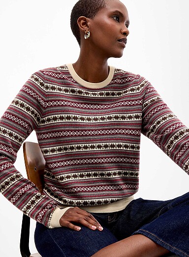 Contemporaine Patterned Ecru Pure merino wool fine Fair Isle knit sweater for women