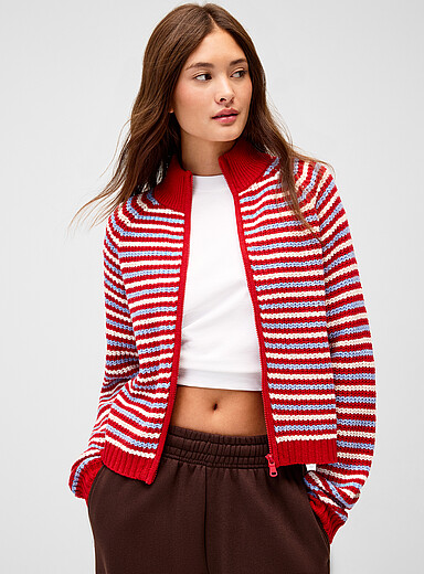 Le cardigan zipp&eacute; rayures bonbon