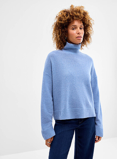 Contemporaine: Le chandail &agrave; col montant pure laine m&eacute;rinos Bleu moyen - Ardoise pour femme