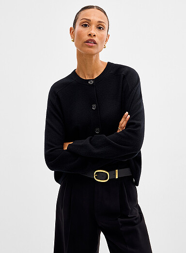 Contemporaine: Le cardigan carr&eacute; ample pure laine m&eacute;rinos Noir pour femme