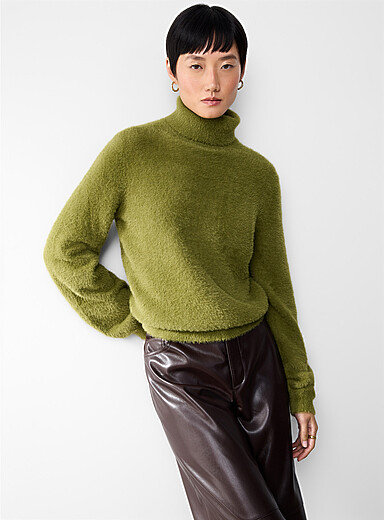 Contemporaine Pine/Bottle Green Chenille knit turtleneck sweater for women