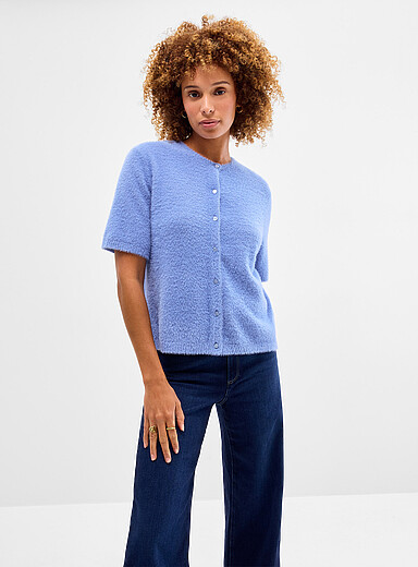 Pearly-button chenille-knit cardigan
