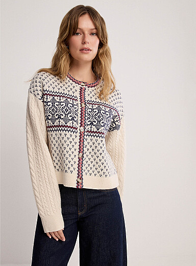 Contemporaine: Le cardigan jacquard pure laine manches c&acirc;bles &Eacute;cru &agrave; motifs pour femme