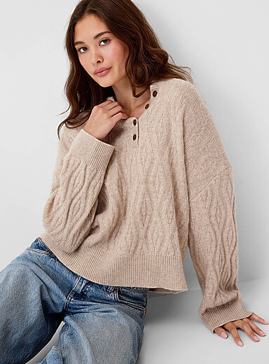 Twik: Le chandail col boutonn&eacute; pure laine Blanc cass&eacute; pour femme