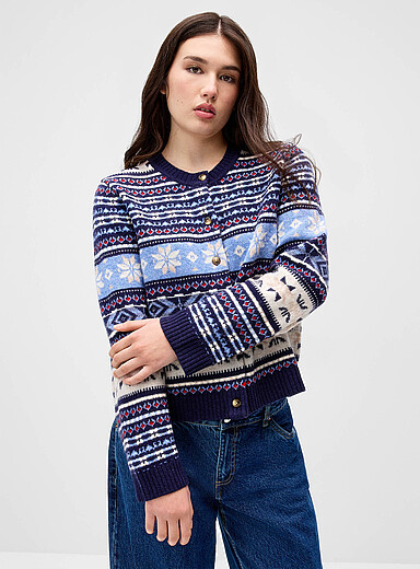 Twik: Le cardigan pure laine Fair Isle Bleu fonc&eacute; - Indigo pour femme