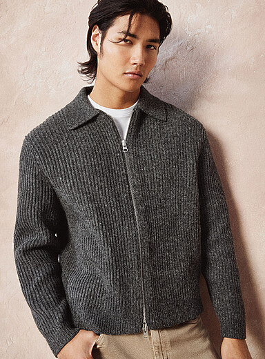 Le 31 Charcoal Rib-knit polo-collar cardigan for men