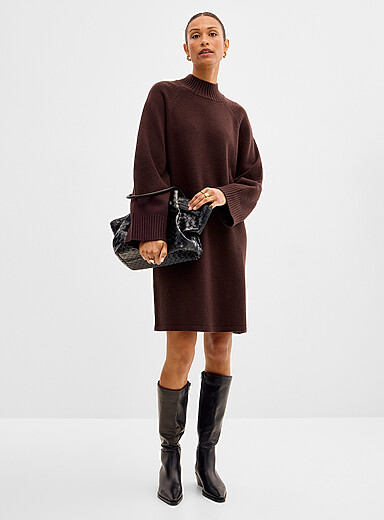 Contemporaine Chocolate/Espresso Loose mock neck knit dress for women