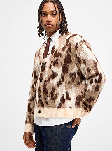 Djab Patterned Beige Brushed knit cardigan for men