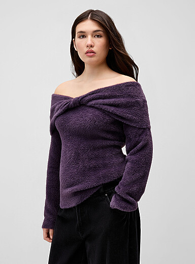 Twik Grape/Dark Crimson Cross-effect Bardot collar soft sweater for women