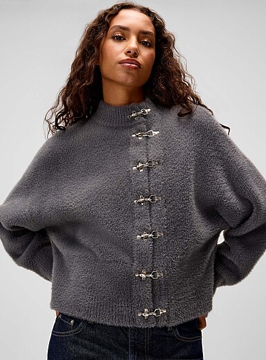Twik: Le cardigan poilu attaches pompier Charbon pour femme