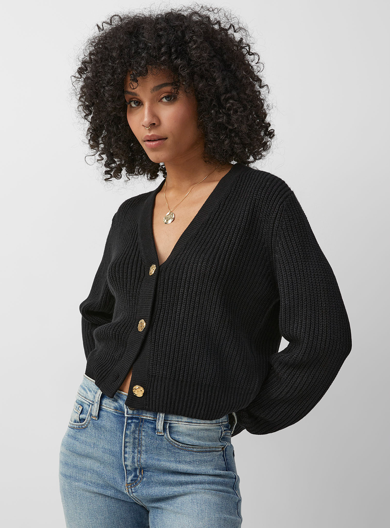 Icone Gold Buttons Shaker-rib Cardigan In Black